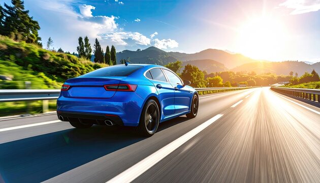 Blue sedan speeding down a sunny highway with mountains in the background and lens flare from the sun