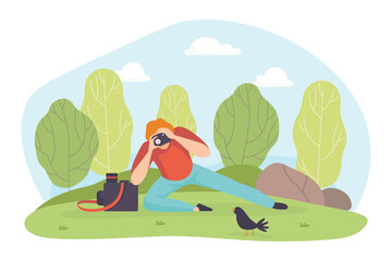Man Photographer with Camera Take Photo of Bird in Park Vector Illustration