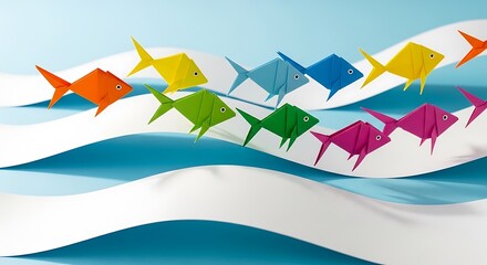 Colorful origami fish swimming in wavy paper ocean waves craft