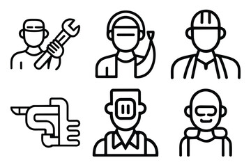 Set of six simple line icons representing various tradespeople and tools, including a mechanic with a wrench, a welder, and a construction worker