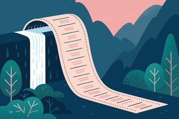 A colossal, endlessly unfurling digital receipt, its paper a cascade of glowing data, tumbling like a waterfall onto a modern desk.