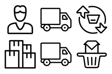 Set of six logistic and delivery icons including a person, truck, package, and recycling symbol