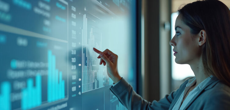 Woman touches data on large digital screen in office. Businesswoman reviews statistics on monitor display. Modern office environment. Corporate tech concept. Strategy analysis and business planning. - Powered by Adobe