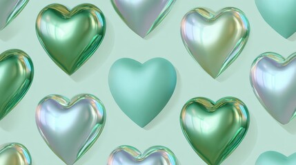 Fototapeta premium Repeating pattern of glossy iridescent and matte green hearts creating an abstract background, symbolizing love, romance, and digital affection for various design projects