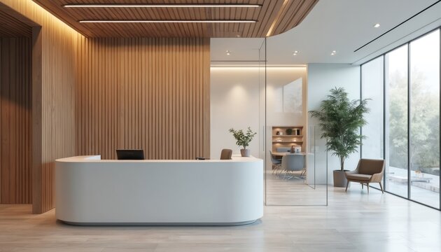 Modern office reception area with white desk and wooden wall. Meeting room visible through glass. Large windows show green trees and natural light.