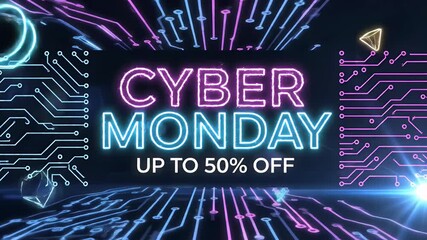Neon Cyber Monday Announcement Against Circuit Board Background With Glowing Lights - Powered by Adobe