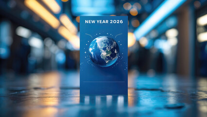 New Year 2026 with a Global Design and Earth in the Foreground