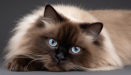 Stunning Portrait of a Beautiful Himalayan Cat with Vivid Blue Eyes and Silky Fur on Gray Background