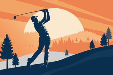 Serene golfer silhouette, vibrant sunrise over lush golf course, early morning tranquility, focused swing, dawn light, picturesque landscape, athletic pose, sporting aspiration, dew-kissed fairway.