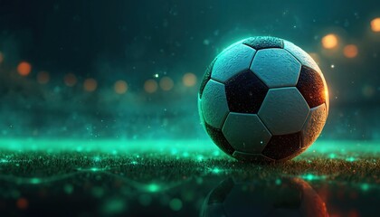 Naklejka premium Soccer ball lies on wet grass field with glowing lights. Blurred stadium lights in background. Digital game analytics and sport betting concept.
