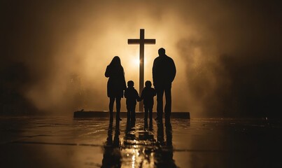 Silhouette of a family with a Christian cross, symbolizing prayer, religion, and social gatherings during funerals. This reflective image conveys faith, unity, and spiritual connection, Generative AI