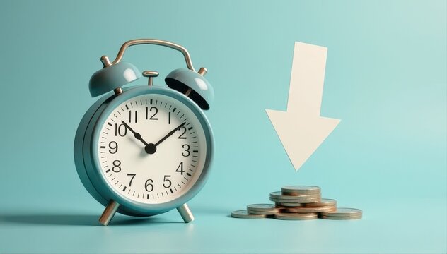 Teal alarm clock beside stacked coins and a downward arrow, symbolizing shrinking savings, time-sensitive finances, or declining investment value.