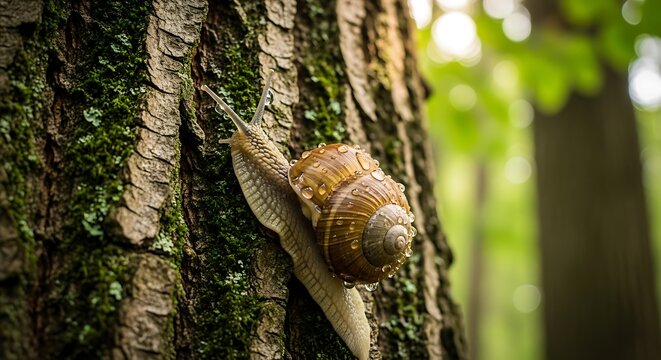 Snail Climbing a Mossy Tree Trunk in a Forest.
