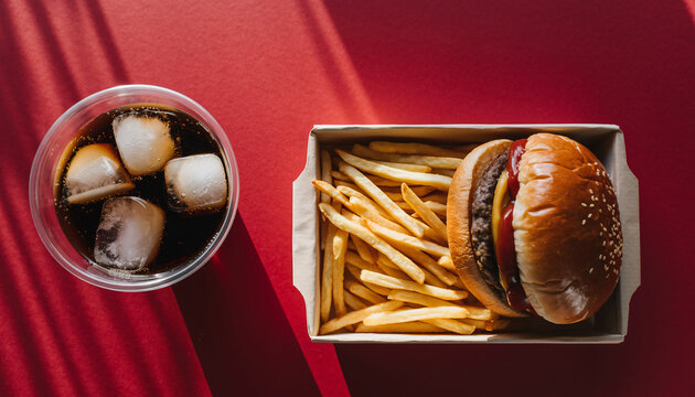 Cheeseburger with fries and cola on red background - Powered by Adobe