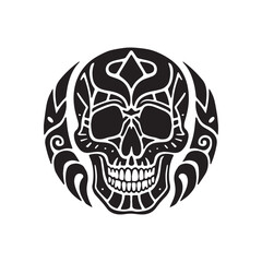Bold Haida Tribal Skull Illustration Featuring Symmetrical Formlines in Silhouette On White Background. 