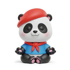 Cute cartoon panda character meditating with a red beret and blue shirt on a white background. © DediGalihWisnumurti