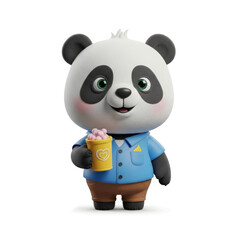A cute 3D cartoon panda character wearing a blue shirt and brown pants, happily holding a yellow cup with pink fluffy contents. © DediGalihWisnumurti