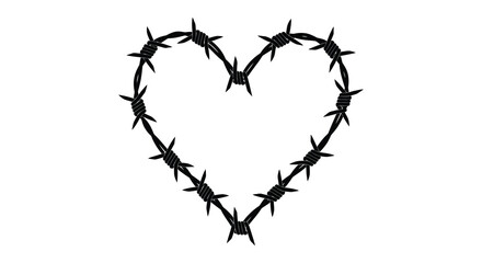 A stark black heart shape formed from sharp barbed wire against a clean white background