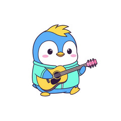 A cute cartoon penguin wearing a teal hoodie and playing an acoustic guitar with a happy expression.