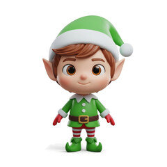 A charming, cartoonish Christmas elf with a green outfit and a friendly expression.
