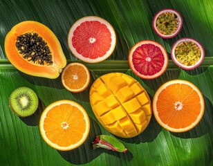 Assortment of Fresh Tropical Fruits Sliced and Whole on a Textured Green Banana Leaf with Dramatic Shadows and Sunlight Highlights