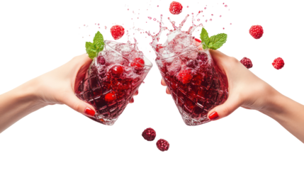 Two hands holding glasses of red berry drink splashing isolated on transparent background