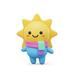 A cute 3D rendered cartoon sun character with a smiling face, wearing a colorful pink, green, and purple scarf, on a white background.