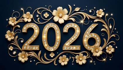 2026 numbers with golden flowers on a blue background