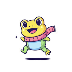 A cute cartoon frog wearing a pink scarf is joyfully jumping with a sparkle next to it.
