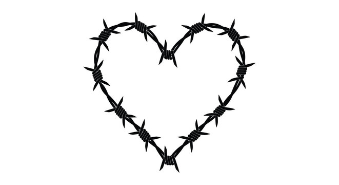 A stark black heart shape formed from sharp barbed wire against a clean white background