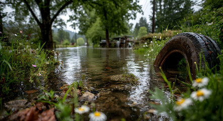 Naklejka premium A partially submerged tire in a flooded area. The water reflects the surrounding greenery and sky, indicating recent heavy rainfall.