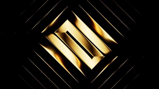 Looping 3D animation. Abstract minimalist aesthetic background. Fluted glass texture. Gradient in shades of gold reflects and slides inside black geometric shapes