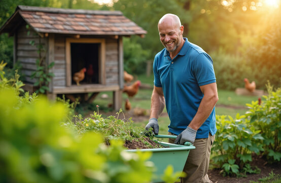 Bald man carries wheelbarrow with weeds in backyard at sunset. Gardener smiles. Chickens walk near coop. Eco garden owner working outdoors in summer at house. Man gardening.