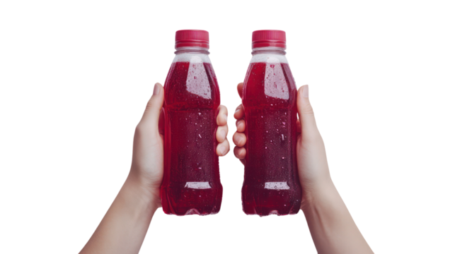 Two hands holding red liquid bottles isolated on transparent background