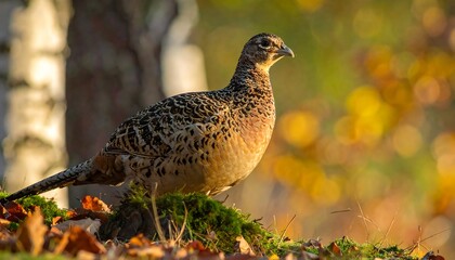 A pheasant in autumn forest setting. Bird stands on moss near fallen leaves, blurry background