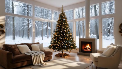 New Year's Eve interior in a room with a fireplace and windows