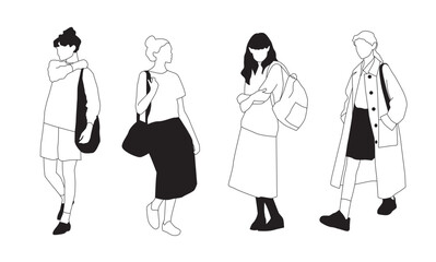 Set of 4 Model Women Walking, Reference pose characters, Line art Vector Illustration SVG - Architecture People 