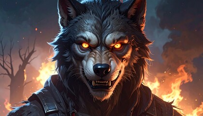 Fierce anthropomorphic wolf with glowing eyes, against a fiery, smoky backdrop, wearing tattered clothing