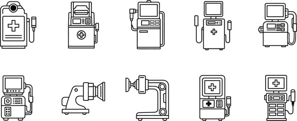 Collection of black and white line art illustrations of medical equipment and machines