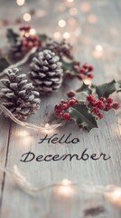 Hello December Text Winter Holiday Background with Pinecones and Berries