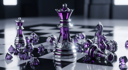 アメジストのように輝くチェスの駒と宝石
