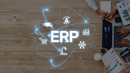 Engaging image showcasing ERP solutions with business icons, highlighting collaboration in a modern...