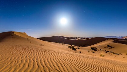 Expansive desert landscape under bright moonlight, sand dunes stretching into the horizon, serene, starry sky above