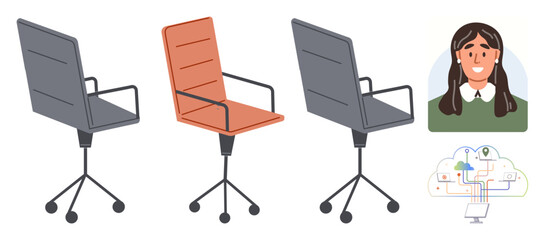 Three office chairs symbolize recruitment steps paired with a happy worker avatar and a tech-cloud icon. Ideal for HR, hiring, teamwork, technology, innovation, decision-making, career metaphor. A