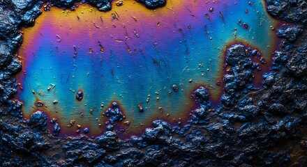 Vibrant rainbow sheen of oil on dark textured surface with bubbles
