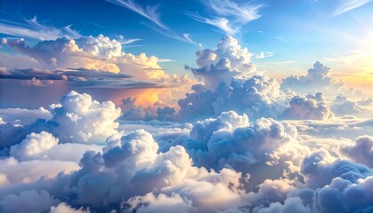Expansive view above clouds; a sunlit sky with varied white and light blue hues and wisps of vapor