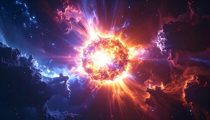 Exploding star in space with fiery rays emanating outward in clouds of blue and red nebulas