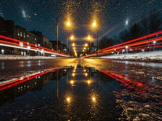 Fototapeta premium A low-angle, long exposure shot of a wet winter city street at night, showing vivid red light trails, bright yellow reflections, and snowy edges.