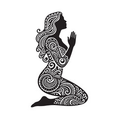  Elegant Ornamental Woman Silhouette Kneeling in Prayer with Intricate Tribal Filigree Patterns. 