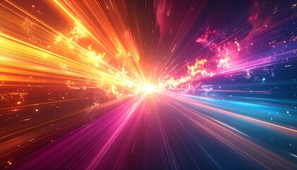Explosive bursts of vibrant orange, pink, and blue light create a dynamic, abstract, high-speed, energy-filled scene
